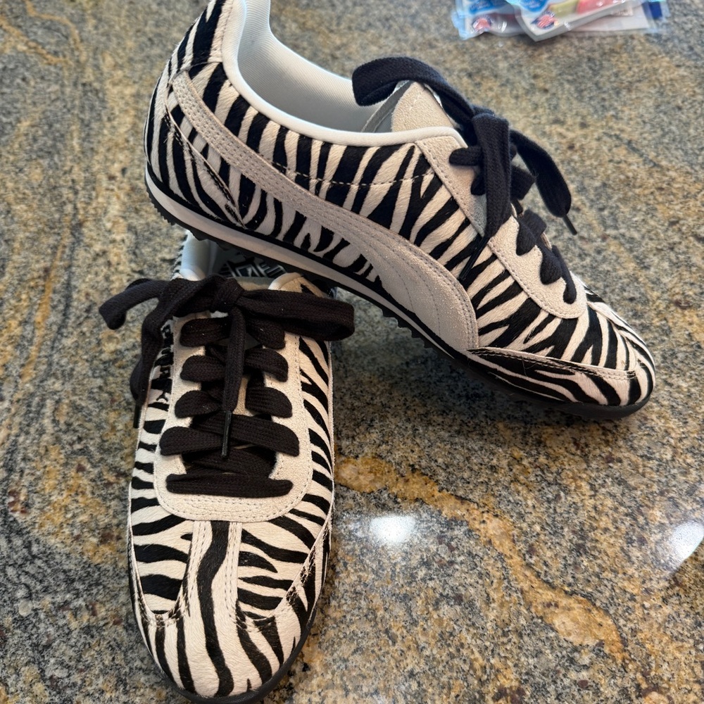 Puma Arizona Zebra Print Leather Calf Hair Sneaker - Black and White